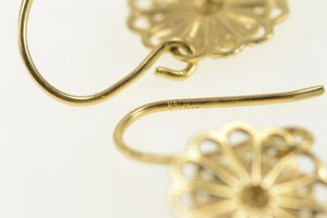 14K Ornate Filigree Scalloped Flower Dangle Drop Earrings Yellow Gold