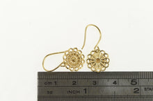 Load image into Gallery viewer, 14K Ornate Filigree Scalloped Flower Dangle Drop Earrings Yellow Gold