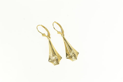 14K Art Deco Ornate Puffy Scroll Design Dangle Earrings Yellow Gold