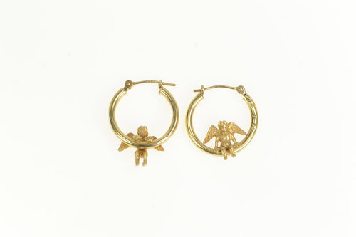 14K Ornate Cherub Baby Angel Vintage Hoop Earrings Yellow Gold