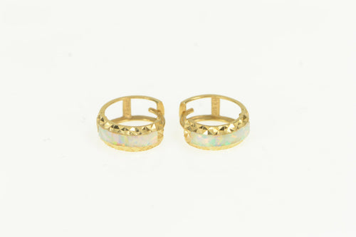 14K Round Syn. Opal Vintage Classic Huggies Hoop Earrings Yellow Gold