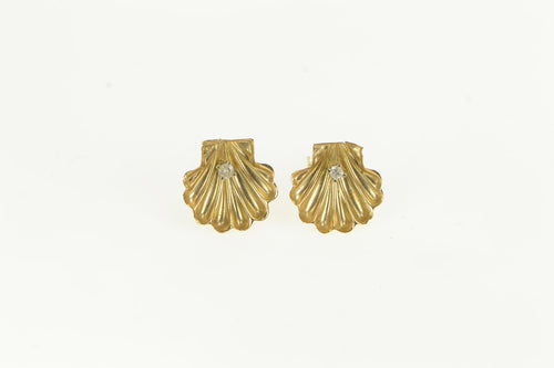 14K Diamond Scallop Sea Shell Ocean Motif Stud Earrings Yellow Gold