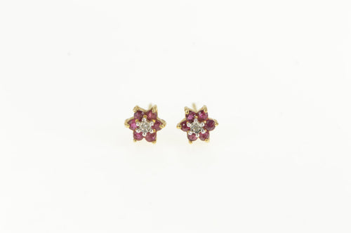 14K Diamond Natural Ruby Flower Cluster Stud Earrings Yellow Gold
