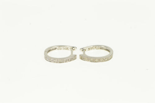 14K Diamond Oval Vintage Classic Huggies Hoop Earrings White Gold