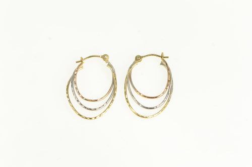 14K Tri Tone Oval Layered 21mm Textured Hoop Earrings Yellow Gold