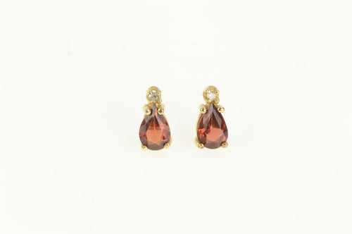 14K Pear Garnet Diamond Accent Vintage Stud Earrings Yellow Gold