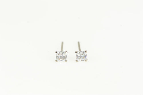 14K Princess CZ Classic Solitaire Vintage Stud Earrings White Gold