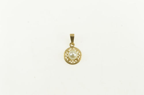 14K Vintage Pearl Ornate Swirl Filigree Statement Pendant Yellow Gold