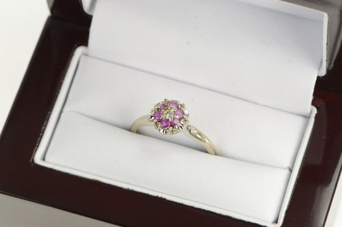 14K Vintage Ruby Halo Diamond Flower Cluster Ring White Gold