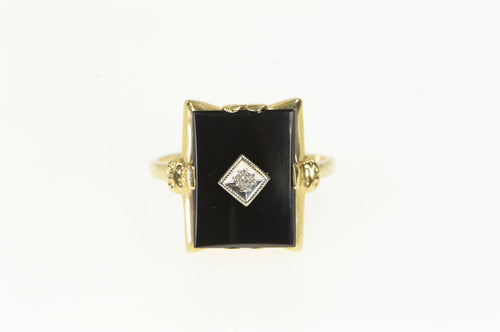 14K Art Deco Squared Black Onyx Diamond Accent Ring Yellow Gold