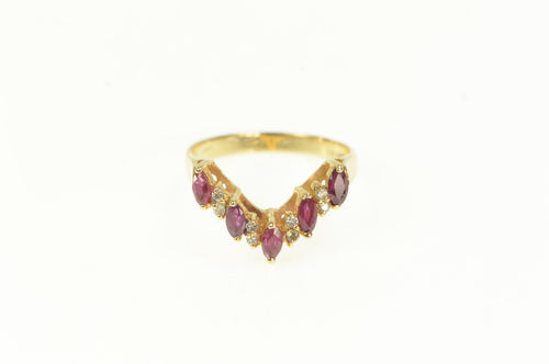 14K Marquise Natural Ruby Diamond Chevron Band Ring Yellow Gold