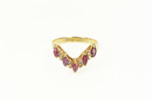 14K Marquise Natural Ruby Diamond Chevron Band Ring Yellow Gold