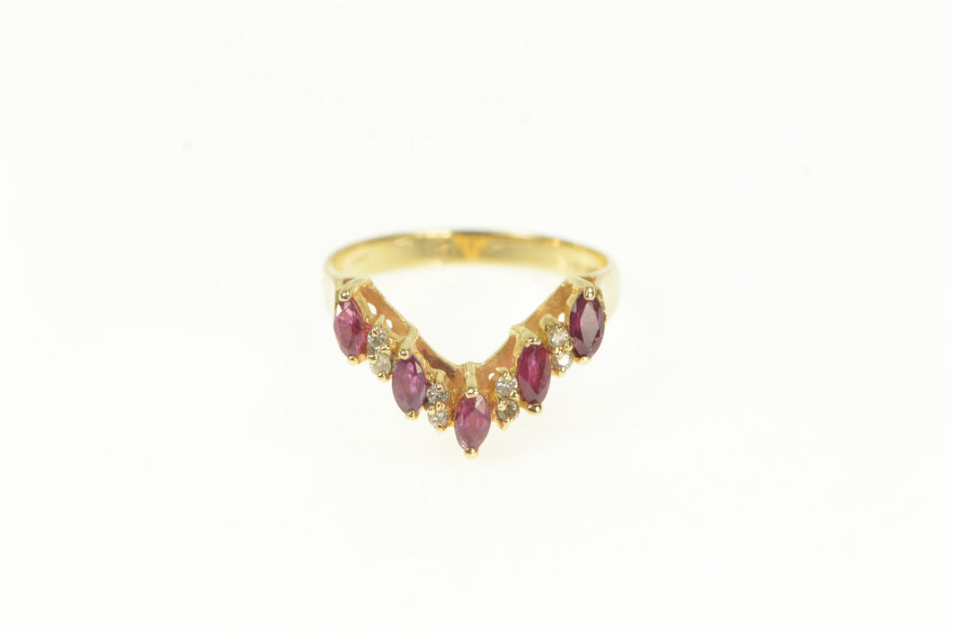 14K Marquise Natural Ruby Diamond Chevron Band Ring Yellow Gold
