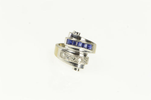 14K 1930's Princess Sapphire Diamond Scroll Bypass Ring White Gold