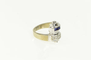 14K 1930's Princess Sapphire Diamond Scroll Bypass Ring White Gold
