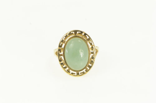 14K Oval Jade Cabochon Greek Key Wave Cocktail Ring Yellow Gold