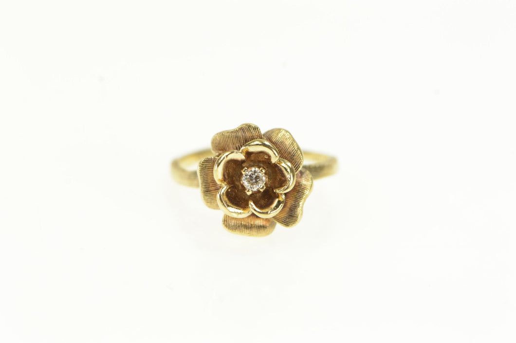 14K Diamond Inset Rose 3D Flower Engagement Ring Yellow Gold