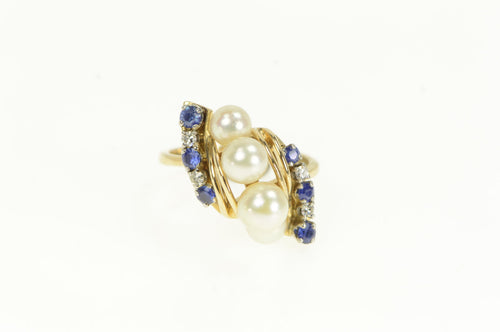 14K Pearl Sapphire Diamond Vintage Cluster Bypass Ring Yellow Gold