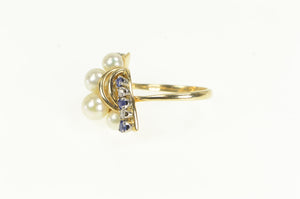 14K Pearl Sapphire Diamond Vintage Cluster Bypass Ring Yellow Gold
