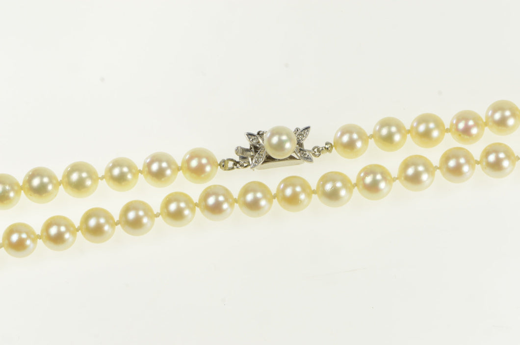 14K 1950's 7.6mm Pearl Beaded Diamond Clasp Necklace 23.5