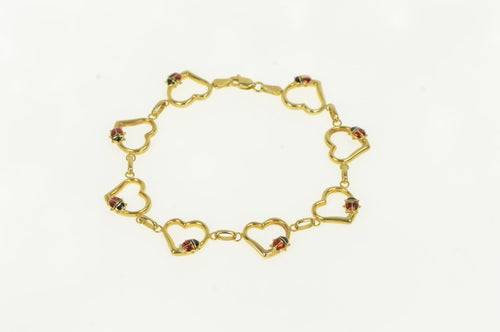 14K Heart Ladybug Enamel Vintage Statement Chain Bracelet 7.25