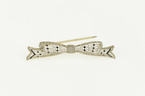 14K Art Deco Diamond Ornate Filigree Bow Ribbon Pin/Brooch White Gold