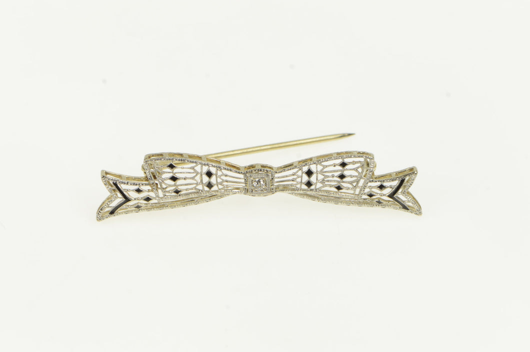 14K Art Deco Diamond Ornate Filigree Bow Ribbon Pin/Brooch White Gold