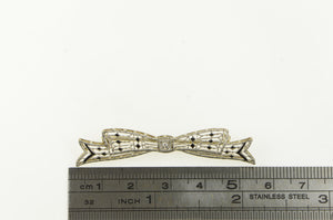 14K Art Deco Diamond Ornate Filigree Bow Ribbon Pin/Brooch White Gold