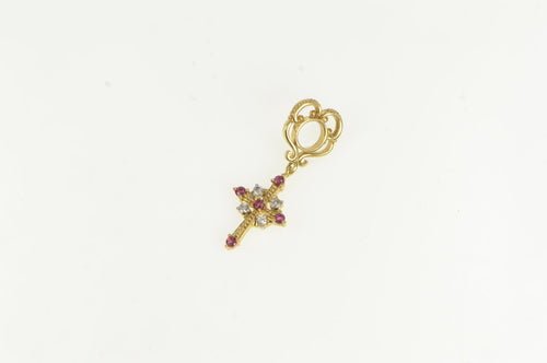 14K Ruby Diamond Cross Christian Faith Ornate Charm/Pendant Yellow Gold