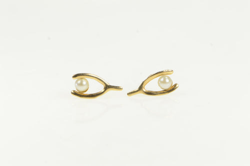 14K Retro Pearl Wishbone Lucky Good Luck Stud Earrings Yellow Gold