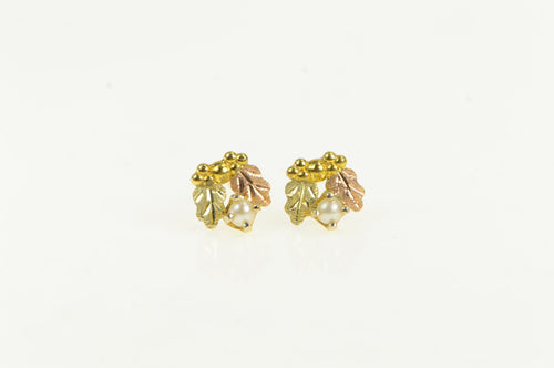 14K Black Hills Leaf Pearl Vintage Classic Stud Earrings Yellow Gold