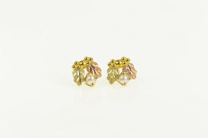 14K Black Hills Leaf Pearl Vintage Classic Stud Earrings Yellow Gold