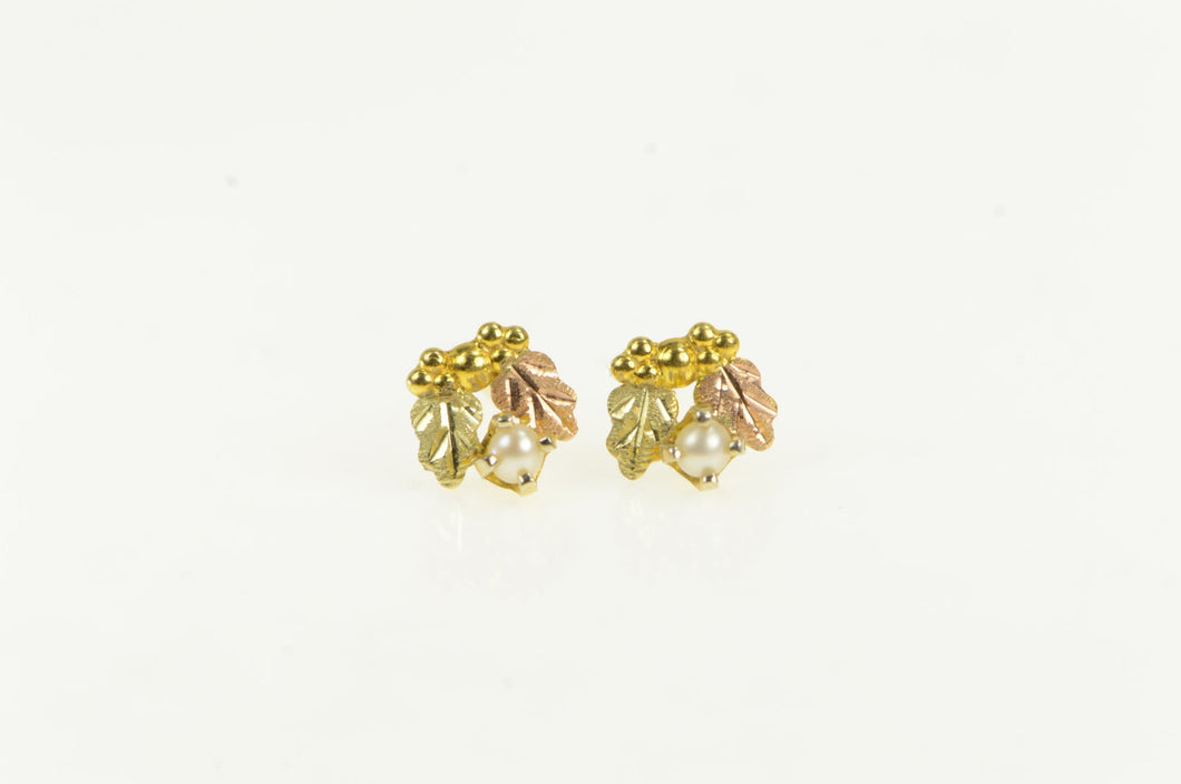14K Black Hills Leaf Pearl Vintage Classic Stud Earrings Yellow Gold