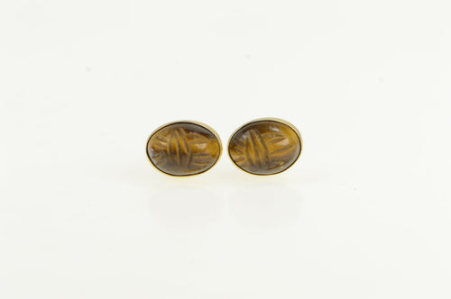 14K Carved Tiger's Eye Scarab Cabochon Stud Earring Jackets Yellow Gold