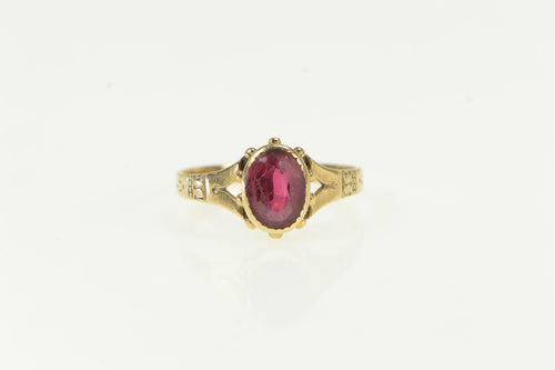 10K Victorian Oval Syn. Ruby Elaborate Antique Ring Yellow Gold