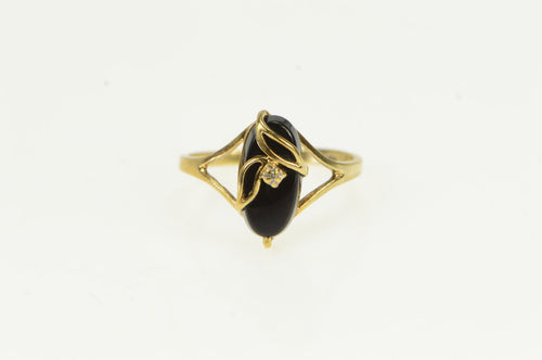 10K Oval Black Onyx Ornate Vine Leaf Ring Yellow Gold