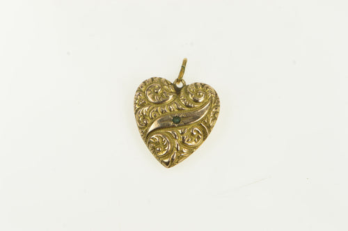 14K Victorian Emerald Forget Me Not Puffy Heart Charm/Pendant Yellow Gold