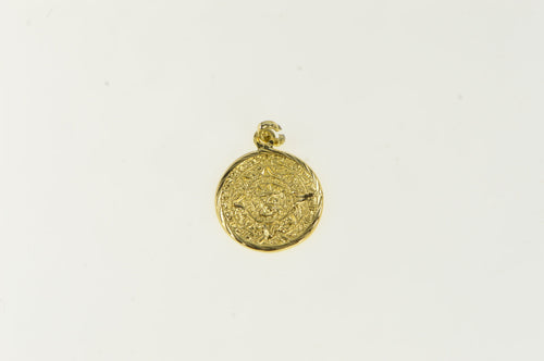 14K Mayan Calendar Ornate Textured Round Charm/Pendant Yellow Gold