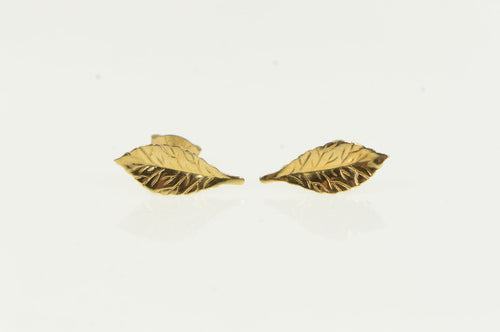 14K Textured Leaf Tree Nature Motif Stud Earrings Yellow Gold