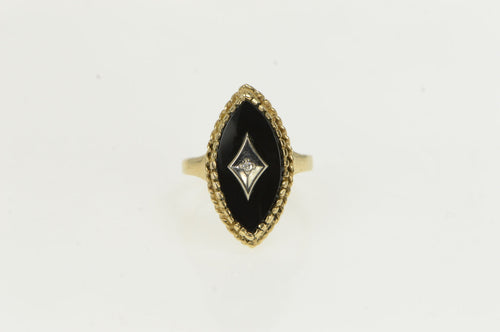10K Retro Black Onyx Diamond Marquise Statement Ring Yellow Gold