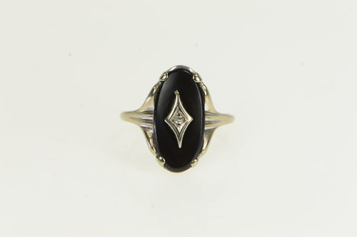 10K Oval Black Onyx Diamond Vintage Statement Ring White Gold