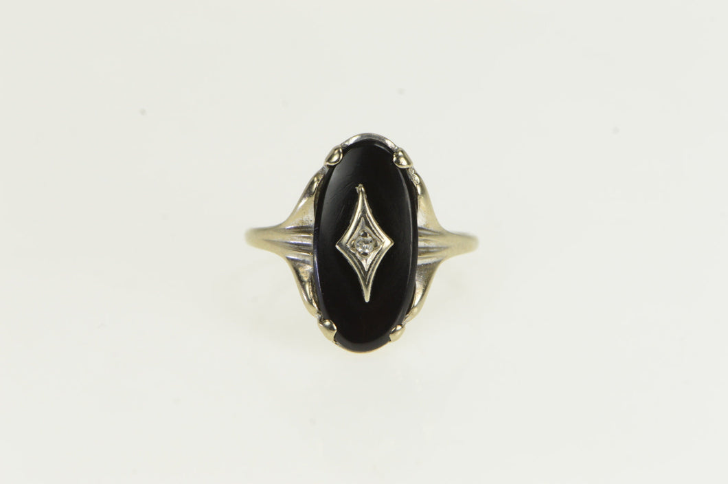 10K Oval Black Onyx Diamond Vintage Statement Ring White Gold
