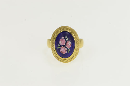 18K Blue Enamel Flower Bouquet Domed Cocktail Ring Yellow Gold