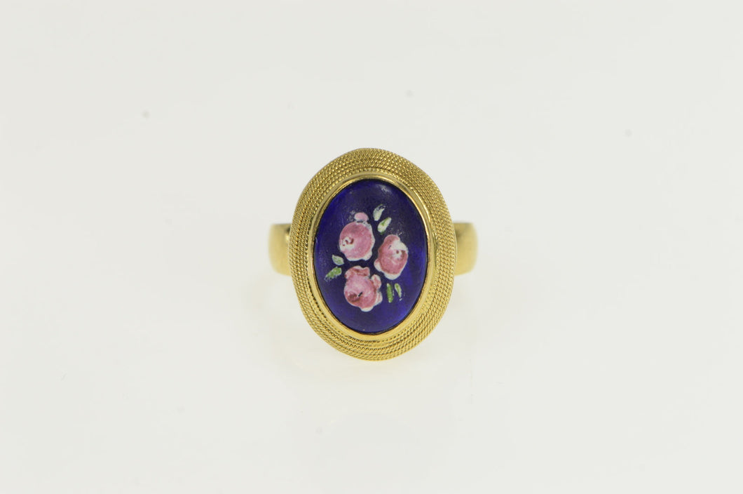 18K Blue Enamel Flower Bouquet Domed Cocktail Ring Yellow Gold