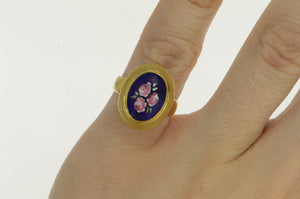 18K Blue Enamel Flower Bouquet Domed Cocktail Ring Yellow Gold