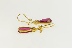 18K Pear Syn. Ruby Turquoise CZ Accent Dangle Earrings Yellow Gold