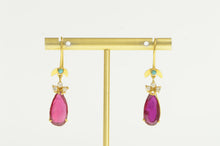 Load image into Gallery viewer, 18K Pear Syn. Ruby Turquoise CZ Accent Dangle Earrings Yellow Gold