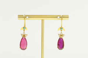 18K Pear Syn. Ruby Turquoise CZ Accent Dangle Earrings Yellow Gold