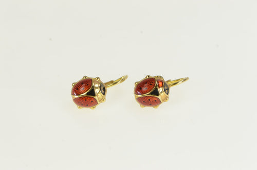 14K Red Enamel Ladybug Vintage Dangle Earrings Yellow Gold