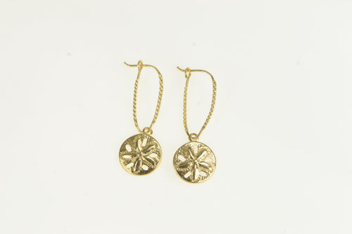 14K Sand Dollar Sea Shell Vintage Dangle Earrings Yellow Gold